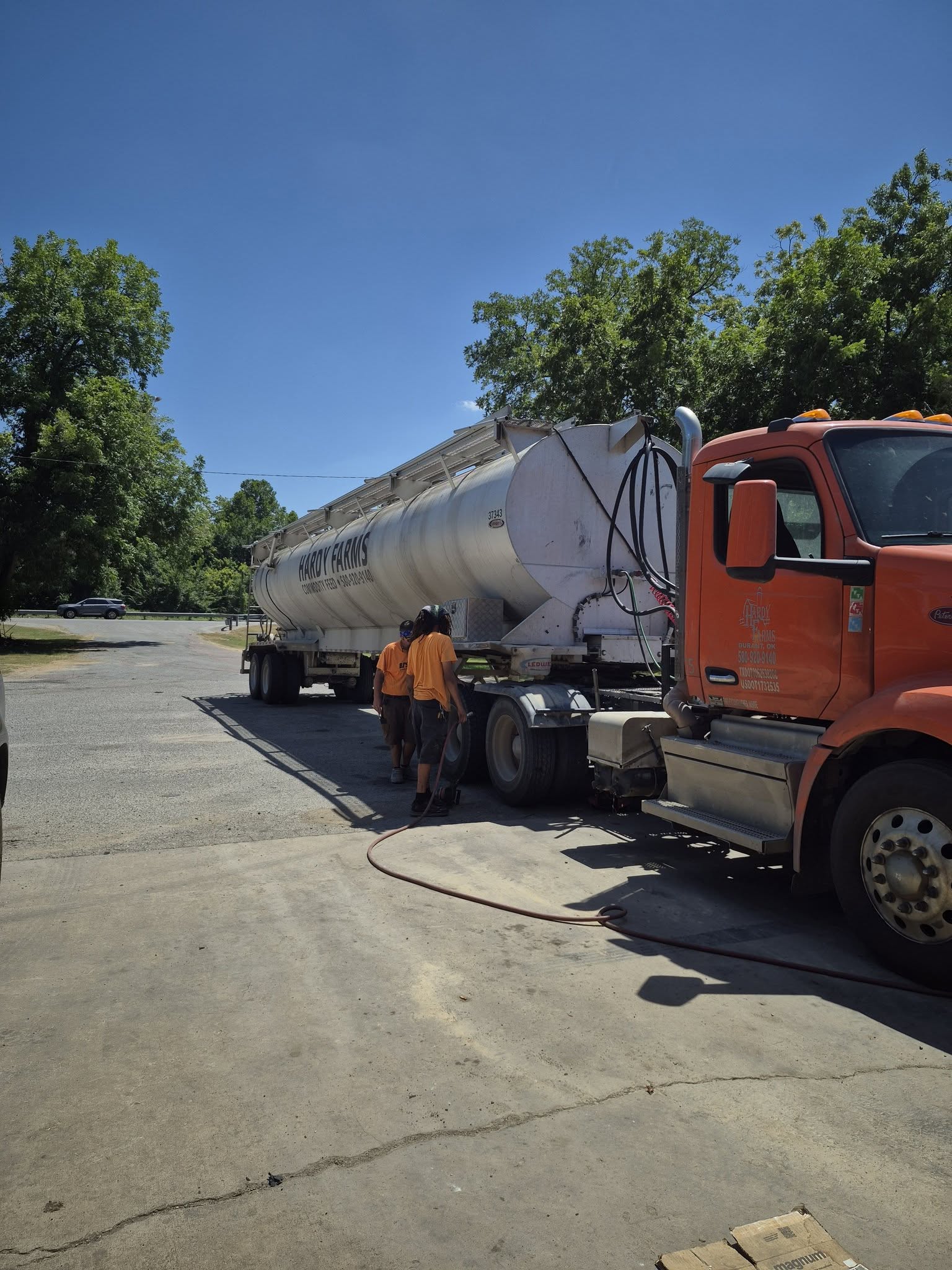 A Hardy Farms semi truck getting tire service at BJ's Tire
